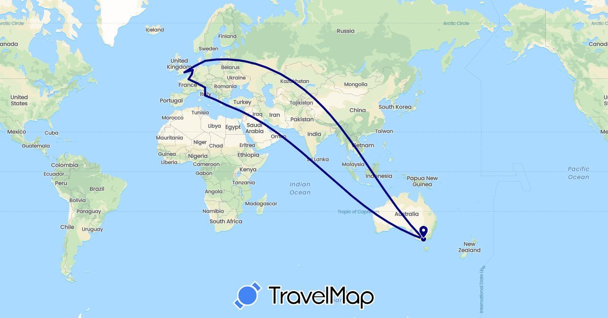 TravelMap itinerary: driving in Australia, Belgium, Denmark, France, United Kingdom, Greece, Italy, Netherlands (Europe, Oceania)